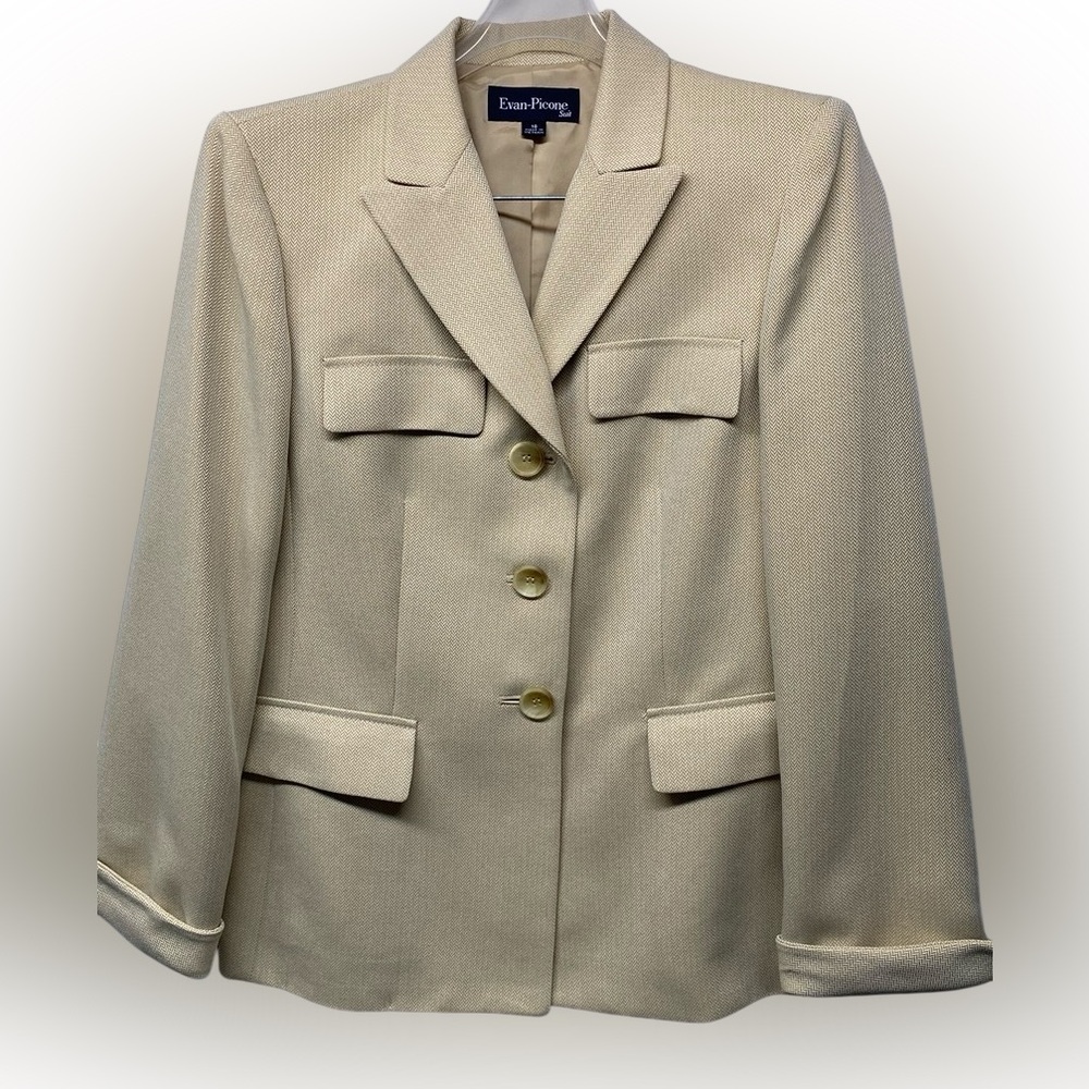 Evan-Picone Beige Herringbone 2 Piece Suit Blazer Jacket - Pants Lined Size 10